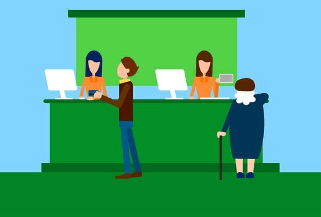 A split image comparing a traditional bank branch with customers interacting with tellers and a modern, minimalist online banking interface on a laptop, highlighting the contrasts between the two banking models in the context of new regulations.