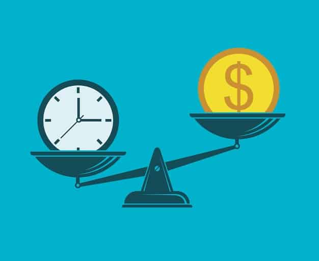 A stylized graphic depicting a balance scale with money on one side and time on the other, symbolizing the balance between contributions and retirement years.