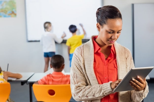 A teacher using a tablet to teach a lesson in the classroom. The image should illustrate the integration of technology in modern teaching and highlight the importance of continuous improvement for teachers.