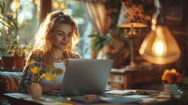 A woman smiling and confidently working on a laptop at home, surrounded by books and notes, to represent the flexibility and empowerment of online learning. The lighting is warm and inviting.