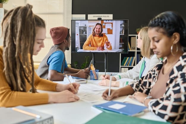 A group of diverse people attending an online class together on a large screen, collaborating and learning in a virtual environment.
