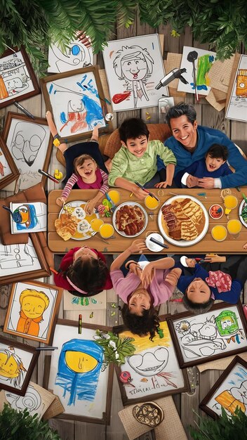 A family sitting together at a table, planning activities on a family calendar. The calendar is open, showing different school holidays and events marked with colorful stickers.