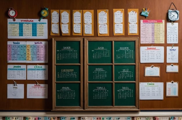 A close-up photo of a physical wall calendar hung in a classroom, with various dates marked with colorful stickers indicating important school events and holidays. A teacher is seen in the background, partially blurred, writing on a whiteboard.