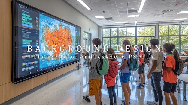 A digital display in a school hallway showing announcements with the dates of various school events, including start and end dates of terms, holiday dates, and exam schedules. Students are seen blurred in the background passing by the display.