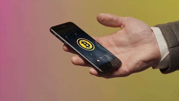 A close-up shot of a hand holding a smartphone with a cryptocurrency trading app open on the screen. The background is blurred, showing a busy city street at night. The image conveys the accessibility and dynamism of cryptocurrency trading.