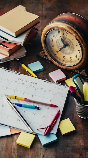 A calendar marked with study schedules and deadlines, surrounded by textbooks and highlighters, symbolizing diligent preparation for the teaching exams.