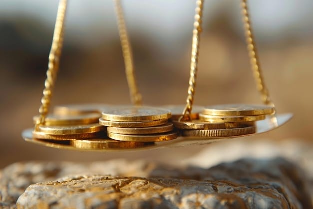 A balanced scale with gold coins (representing bonds) on one side and stock certificates on the other, highlighting the risk-reward comparison between different investment options.