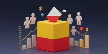 Urna electoral con la bandera española, gráficos económicos y figuras políticas, representando el impacto de las elecciones generales de 2026 en España.