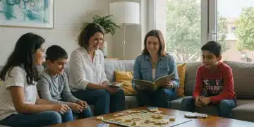 Familia española feliz en casa, simbolizando la estabilidad económica gracias a la Renta Mínima Vital.