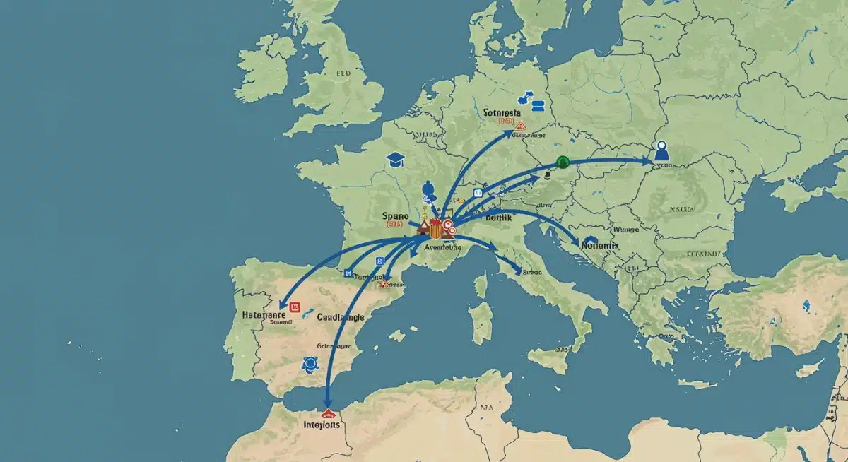Mapa de Europa con rutas de intercambio hacia España, destacando el aumento de plazas en 2026.
