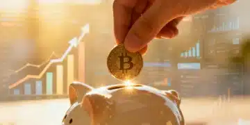 Mano insertando moneda en hucha, simbolizando ahorros y depósitos bancarios rentables en España para 2026.