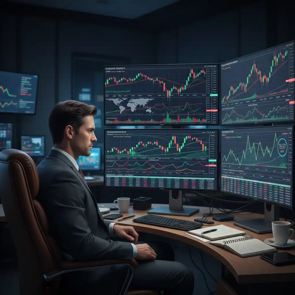 Analista financiero examinando gráficos de divisas y datos económicos proyectados para el año 2026.
