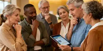 Grupo de desempleados de larga duración analizando opciones de beneficios en una oficina de empleo.