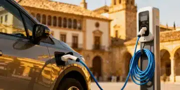 Coche eléctrico cargando en estación pública en España con fondo urbano