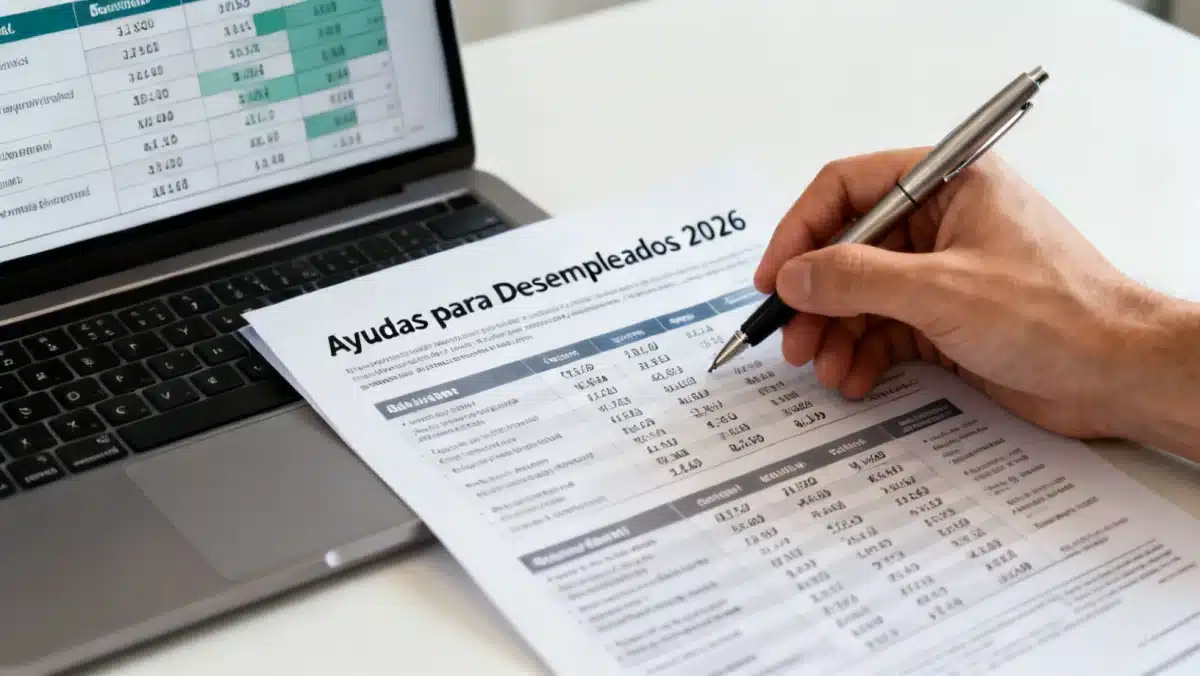 Mano señalando detalles financieros en un documento de ayudas para desempleados.