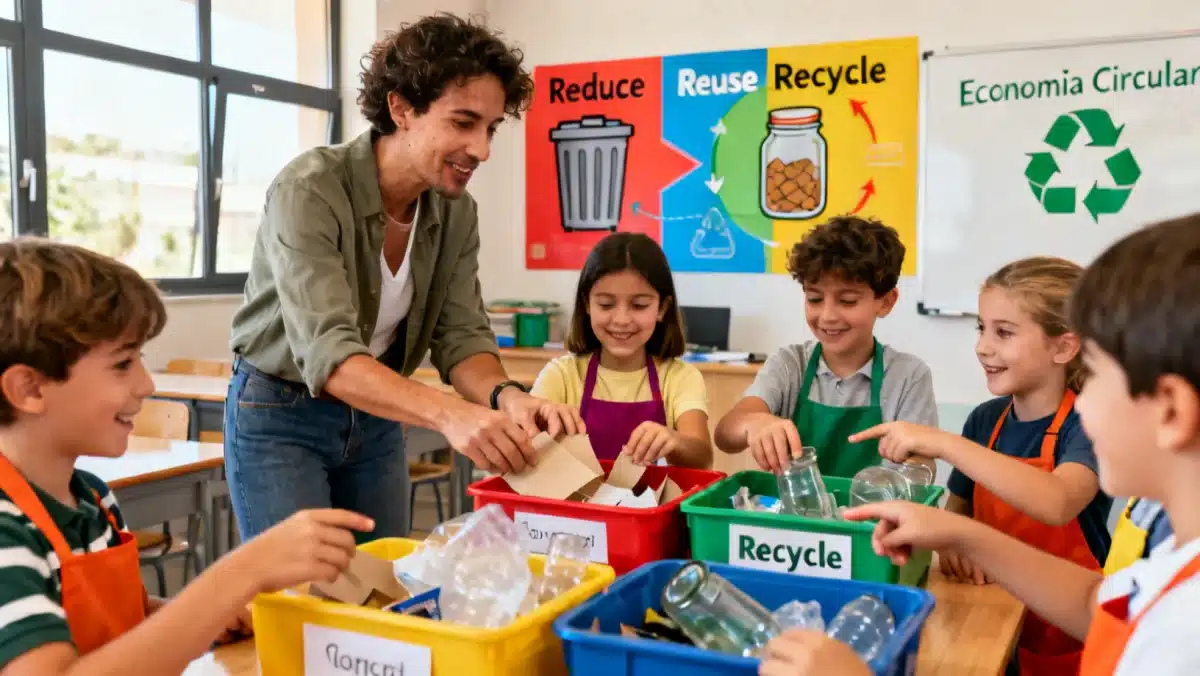 Maestra explicando los principios de la economía circular a niños en un aula, con materiales reciclables y diagramas visuales.