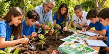 Estudiantes y profesores españoles participando activamente en un proyecto de sostenibilidad al aire libre, plantando árboles y aprendiendo sobre el medio ambiente.
