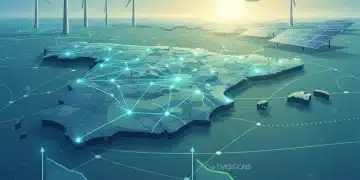 Mapa de España con gráficos de consumo energético a la baja y turbinas eólicas y paneles solares, simbolizando la reducción del consumo y la energía renovable.