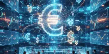 Gráfico digital que muestra el valor del euro frente a otras divisas en un mercado de divisas global y volátil de 2026.