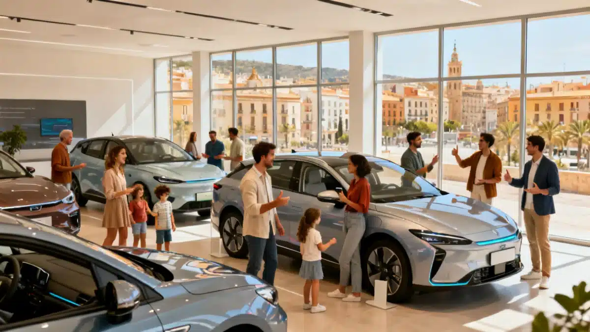 Familias y profesionales explorando modelos de coches eléctricos en showroom