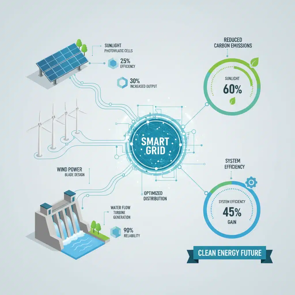 Infografía detallada de fuentes de energía renovable como paneles solares y turbinas eólicas, integradas en una red inteligente, destacando la eficiencia y la reducción de emisiones.