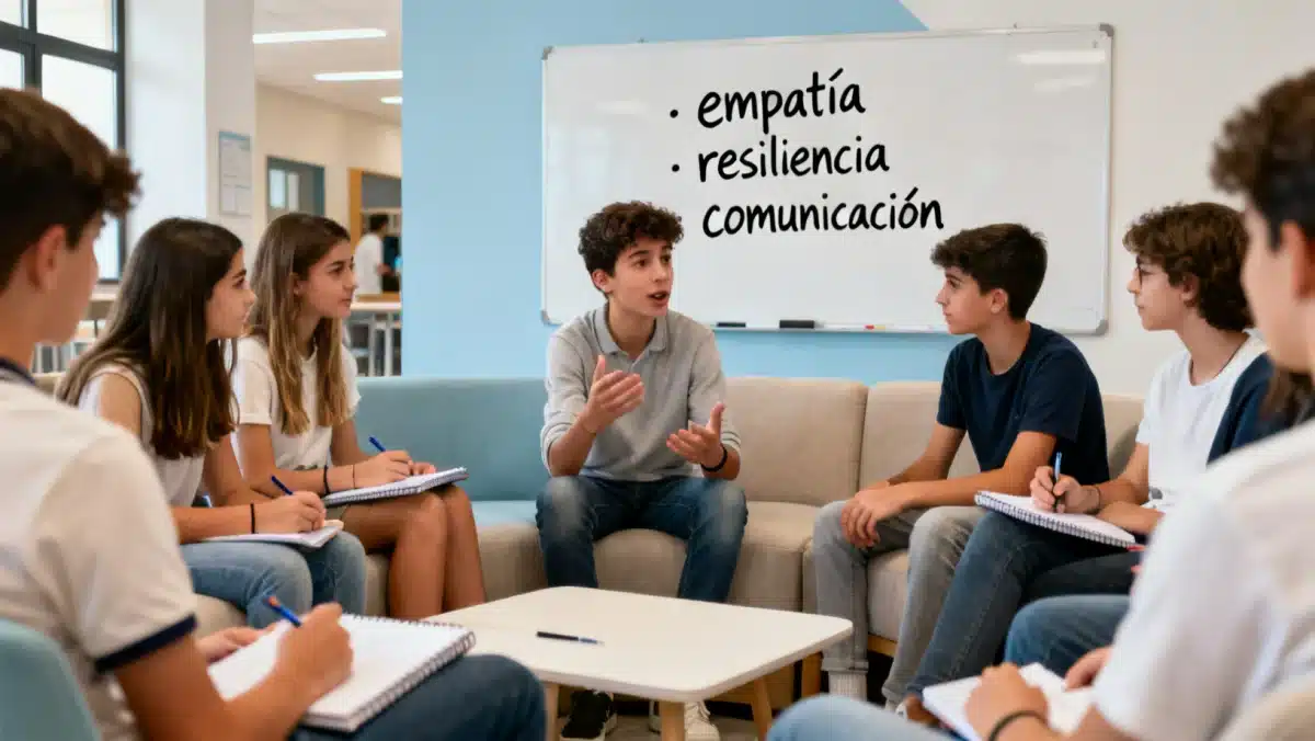 Adolescentes españoles en una sesión de mentoría sobre inteligencia emocional en un entorno escolar moderno.