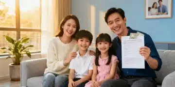 Familia feliz en el salón, padres e hijos, con documentos de beneficios en España en 2026.