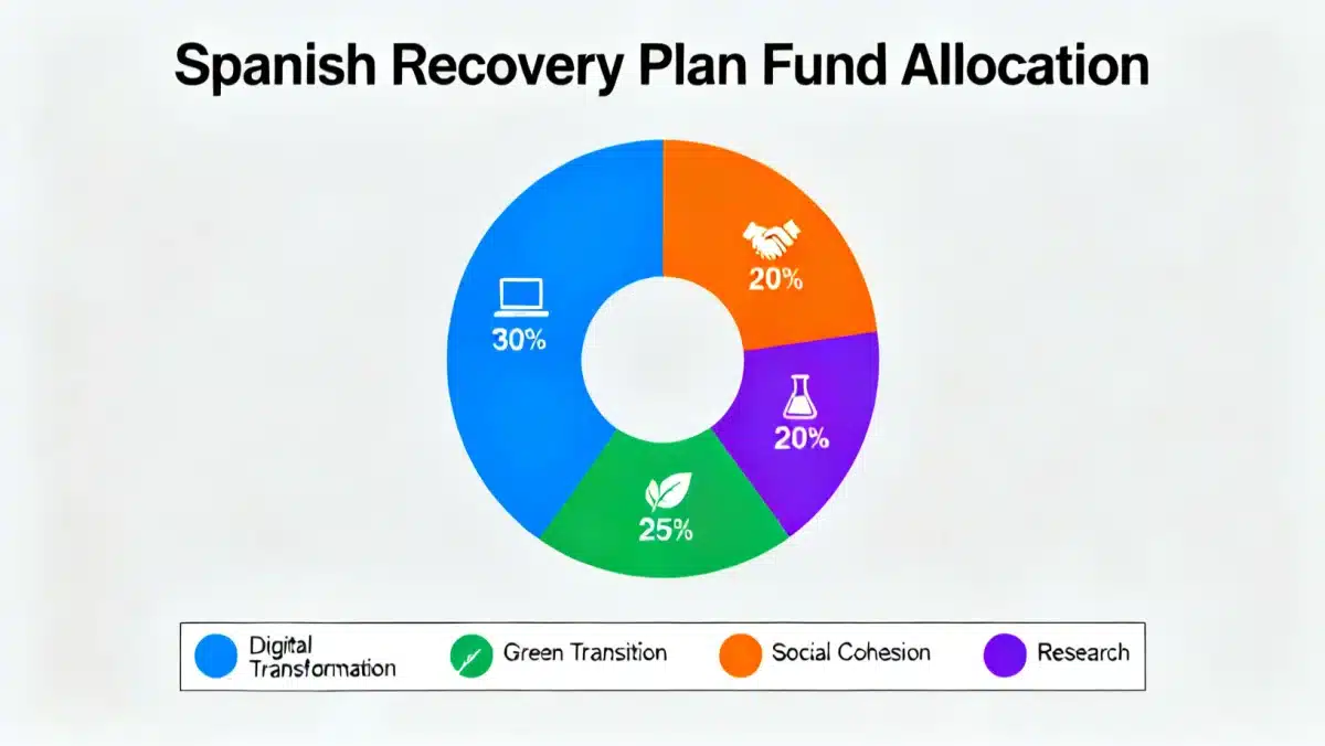 Infografía detallada sobre la asignación de fondos del Plan de Recuperación español por ejes estratégicos.