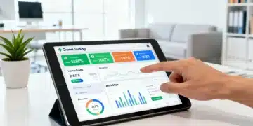 Crowdlending España 2026: Plataformas Rentables 6% Interés Mano interactuando con una tablet que muestra una interfaz de plataforma de crowdlending, con gráficos y opciones de inversión.
