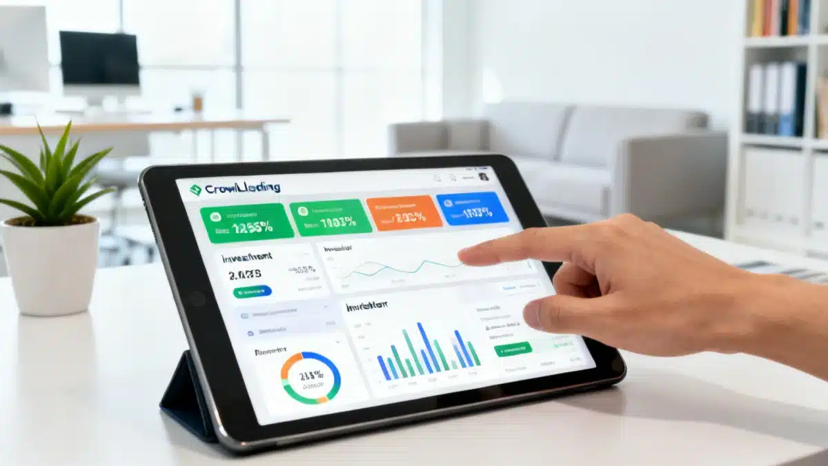 Mano interactuando con una tablet que muestra una interfaz de plataforma de crowdlending, con gráficos y opciones de inversión.