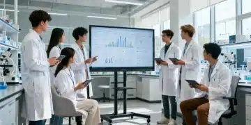 Jóvenes investigadores y profesionales de la industria colaborando en un laboratorio, simbolizando la unión universidad-empresa.