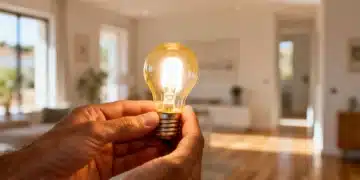 Manos sosteniendo una bombilla incandescente, representando la ayuda energética y el alivio de la pobreza.