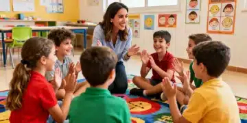 Niños españoles participando activamente en una actividad de educación emocional en el aula de una escuela en 2026.