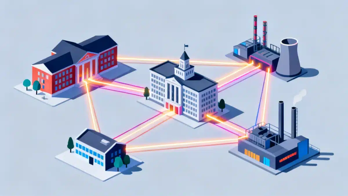 Diagrama de red que conecta universidades e industrias, mostrando el flujo de conocimiento y colaboración.