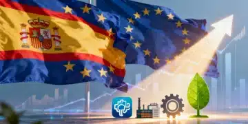 Banderas de la UE y símbolos de empresas españolas en crecimiento, representando subvenciones europeas y financiación.