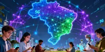 Mapa estilizado do Brasil com linhas de rede 5G e pessoas interagindo com dispositivos inteligentes, simbolizando a expansão da tecnologia.