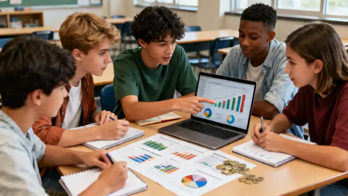 Adolescentes em grupo discutindo um projeto de planejamento financeiro com laptops e anotações, demonstrando aprendizado prático.