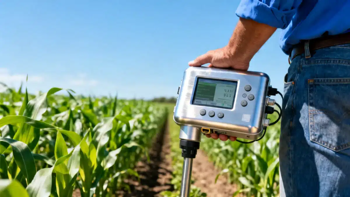 Agricultor utilizando sensor de solo para monitoramento preciso, destacando a agricultura de precisão.