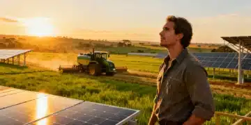 Produtor rural observa lavoura moderna com tecnologias sustentáveis e maquinário avançado ao nascer do sol, simbolizando o futuro da agricultura brasileira.