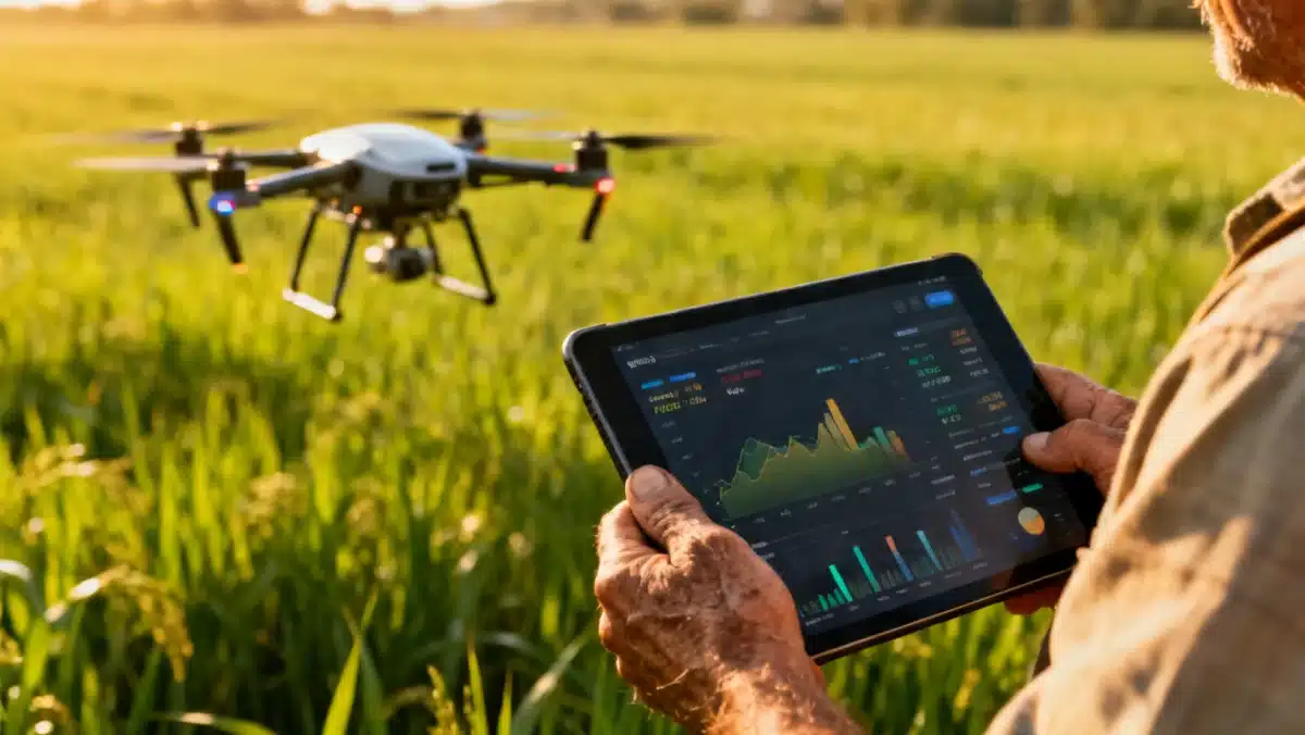 Mão de agricultor segurando tablet com dados de agricultura de precisão, com drone sobrevoando a plantação ao fundo.