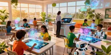 Alunos brasileiros engajados com tecnologia avançada em uma sala de aula futurista de 2026, com projeções holográficas e telas interativas.