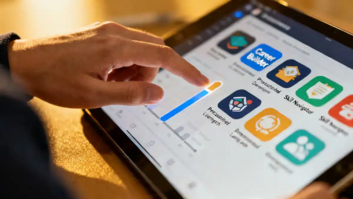 Mão de estudante interagindo com tablet, explorando trilhas de aprendizagem e desenvolvimento profissional.
