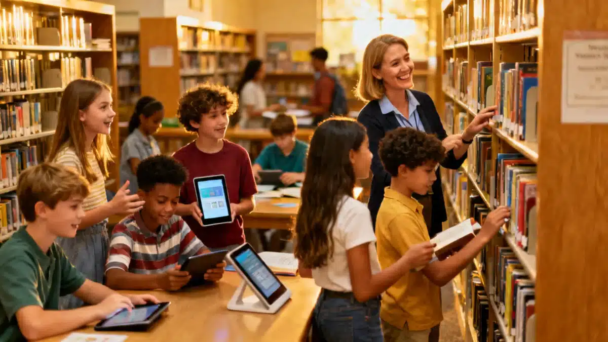 Grupo de crianças e adolescentes interagindo em uma biblioteca escolar moderna, com livros e tecnologia, promovendo a leitura ativa e colaborativa.
