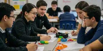 Alunos colaborando ativamente em um projeto, utilizando tecnologia e materiais físicos em um ambiente de aprendizagem dinâmico e inovador.