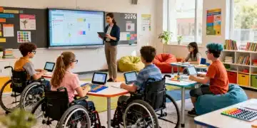 Alunos diversos em sala de aula moderna, engajados com tecnologias e metodologias inclusivas em 2026.