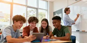 Alunos do ensino médio engajados em um projeto colaborativo, simbolizando a superação da evasão escolar.