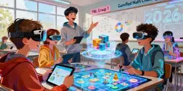 Alunos engajados em atividades de PBL e gamificação em uma sala de aula moderna em 2026.