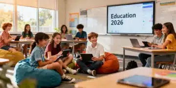 Alunos de diversas idades em sala de aula moderna, interagindo com tecnologia e colegas, simbolizando a educação em 2026.