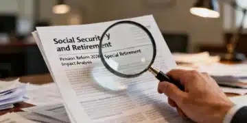 Mão segurando lupa sobre documentos de previdência, simbolizando análise da aposentadoria especial 2026 e reforma.