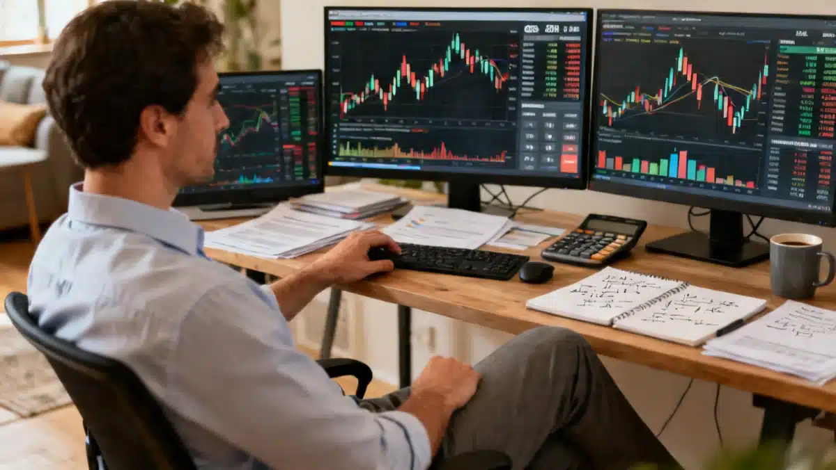 Pessoa analisando dados financeiros em múltiplas telas, com gráficos de mercado e indicadores econômicos, focada em planejamento estratégico de investimentos.